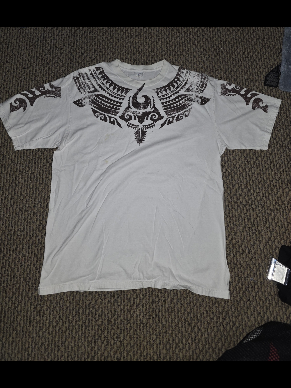 White Short-Sleeve Graphic Tee with Brown Tribal Neck Print